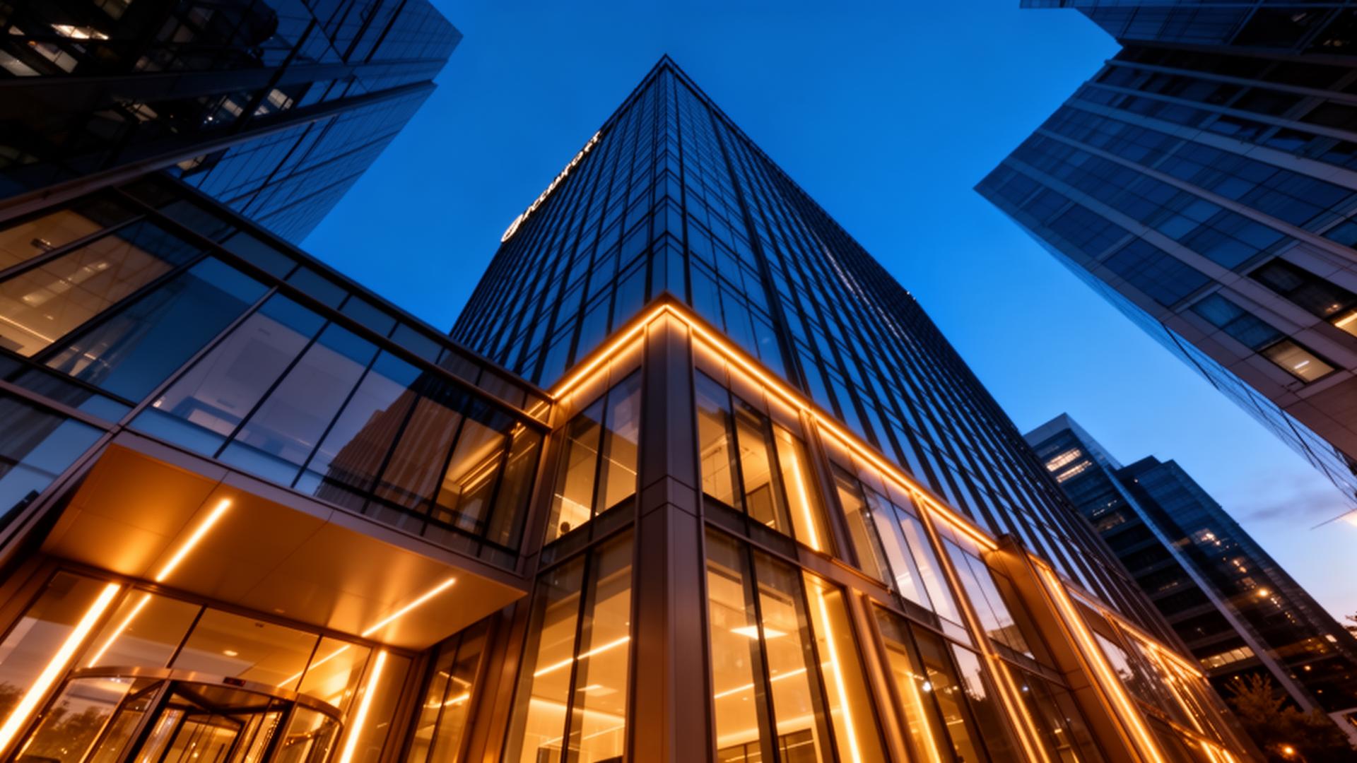 Commercial building at dusk